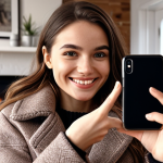 **A young woman smiling and holding up her smartphone, which displays a realistic image of her wearing a stylish winter coat. Cozy living room background.**