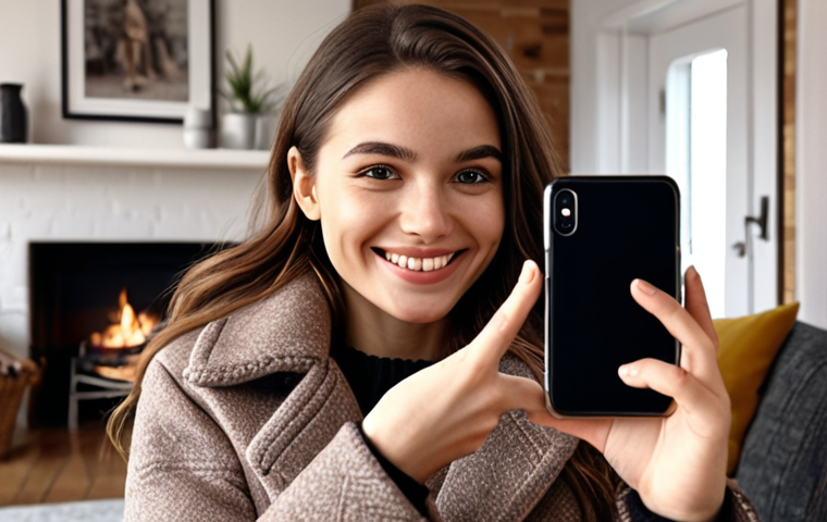 **A young woman smiling and holding up her smartphone, which displays a realistic image of her wearing a stylish winter coat. Cozy living room background.**