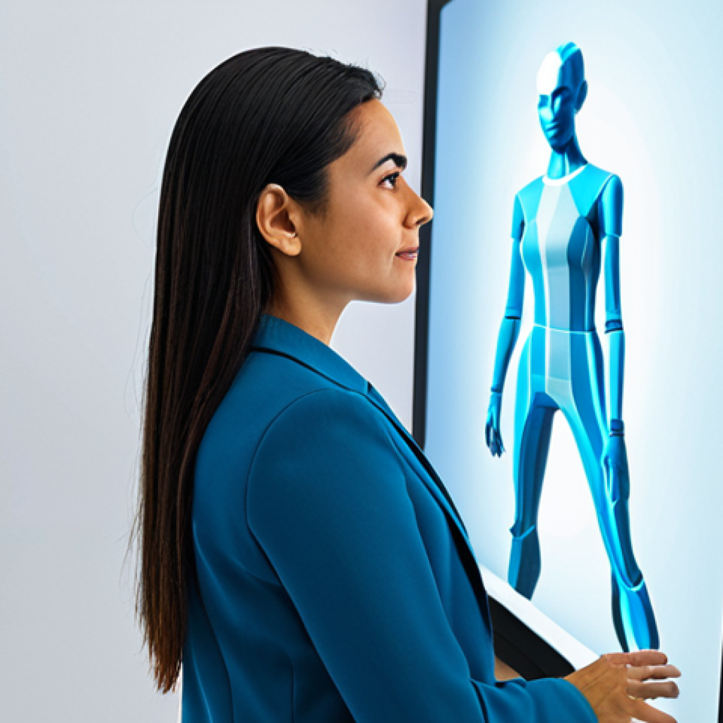 A professional Latina woman in her mid-30s, with a thoughtful expression, dressed in a modest and elegant business casual outfit, standing in a brightly lit, minimalist tech showroom. She is interacting with a large, interactive transparent screen. The screen displays a highly detailed 3D avatar of herself, digitally trying on a stylish, modest jacket, showcasing realistic fabric draping and subtle wrinkles. Subtle digital lines and data visualizations emanate from the avatar, illustrating the system's "understanding" of the body. High-resolution, professional studio photography, soft natural light, perfect anatomy, correct proportions, natural pose, well-formed hands, proper finger count, natural body proportions, crisp focus, vibrant colors, clean aesthetic, appropriate attire, fully clothed, safe for work, professional, family-friendly.