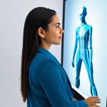 A professional Latina woman in her mid-30s, with a thoughtful expression, dressed in a modest and elegant business casual outfit, standing in a brightly lit, minimalist tech showroom. She is interacting with a large, interactive transparent screen. The screen displays a highly detailed 3D avatar of herself, digitally trying on a stylish, modest jacket, showcasing realistic fabric draping and subtle wrinkles. Subtle digital lines and data visualizations emanate from the avatar, illustrating the system's "understanding" of the body. High-resolution, professional studio photography, soft natural light, perfect anatomy, correct proportions, natural pose, well-formed hands, proper finger count, natural body proportions, crisp focus, vibrant colors, clean aesthetic, appropriate attire, fully clothed, safe for work, professional, family-friendly.