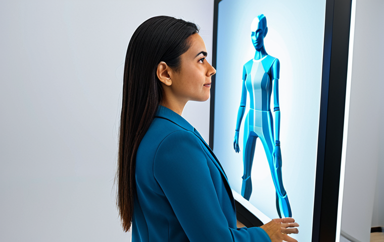 A professional Latina woman in her mid-30s, with a thoughtful expression, dressed in a modest and elegant business casual outfit, standing in a brightly lit, minimalist tech showroom. She is interacting with a large, interactive transparent screen. The screen displays a highly detailed 3D avatar of herself, digitally trying on a stylish, modest jacket, showcasing realistic fabric draping and subtle wrinkles. Subtle digital lines and data visualizations emanate from the avatar, illustrating the system's "understanding" of the body. High-resolution, professional studio photography, soft natural light, perfect anatomy, correct proportions, natural pose, well-formed hands, proper finger count, natural body proportions, crisp focus, vibrant colors, clean aesthetic, appropriate attire, fully clothed, safe for work, professional, family-friendly.