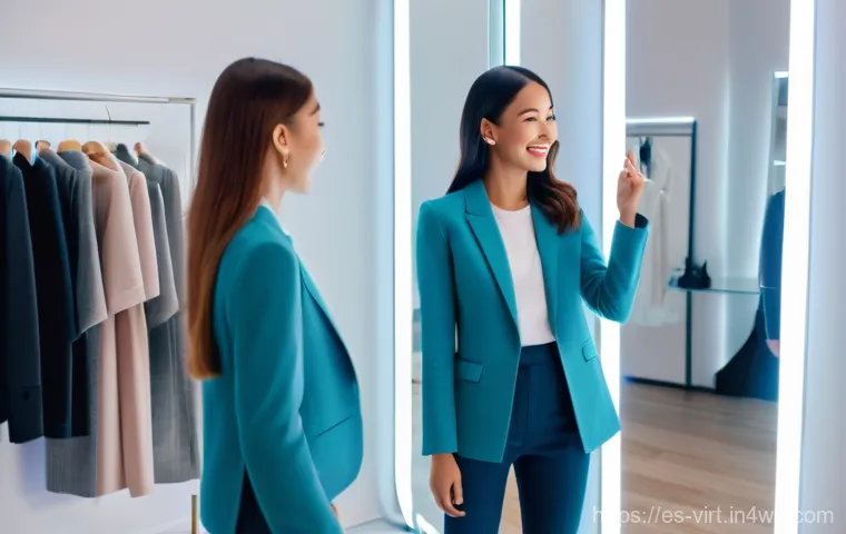 가상 피팅 서비스의 피드백 분석 및 개선 방안 - A cheerful young woman in her early twenties is standing comfortably in a modern, sunlit living room...