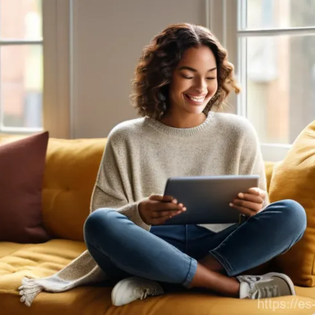 가상 피팅 서비스 도입을 위한 필수 조건 - **Prompt:** A young, smiling woman in her cozy living room, seated comfortably on a modern sofa. She...