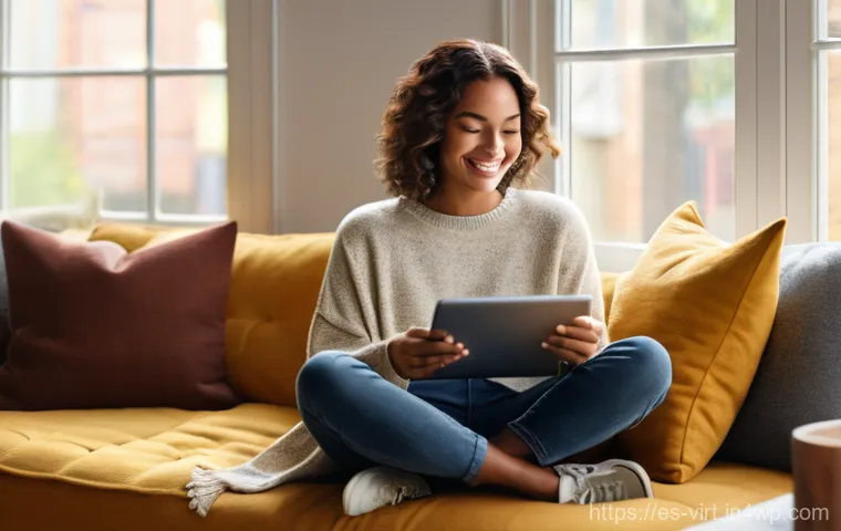 가상 피팅 서비스 도입을 위한 필수 조건 - **Prompt:** A young, smiling woman in her cozy living room, seated comfortably on a modern sofa. She...