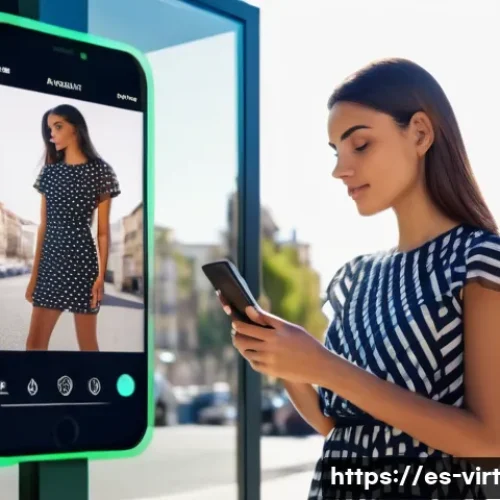 Home 31 가상 피팅 서비스의 정보 기술 활용 방안 - A young Spanish woman using augmented reality on her smartphone to virtually try on fashionable clot...