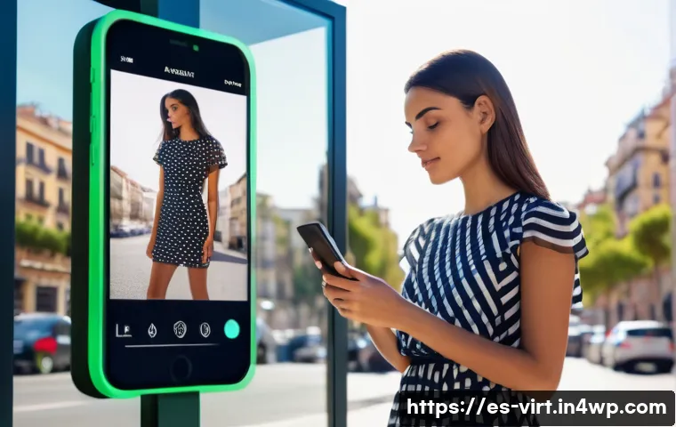 가상 피팅 서비스의 정보 기술 활용 방안 - A young Spanish woman using augmented reality on her smartphone to virtually try on fashionable clot...