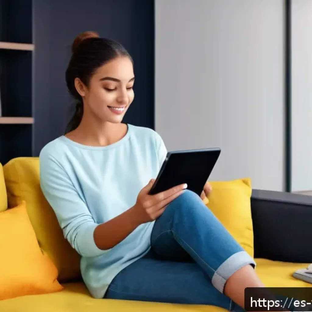 가상 피팅 서비스의 브랜드 가치 증진 방안 - A modern living room setting with a young Hispanic woman sitting comfortably on a sofa, using a slee...
