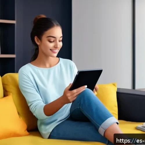 Home 30 가상 피팅 서비스의 브랜드 가치 증진 방안 - A modern living room setting with a young Hispanic woman sitting comfortably on a sofa, using a slee...