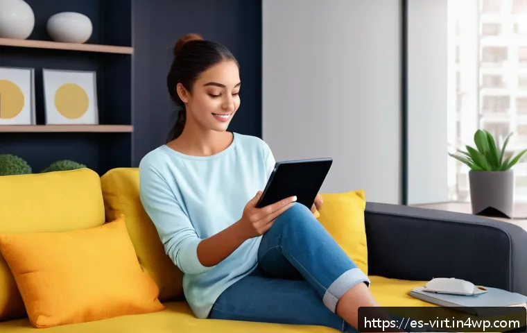 가상 피팅 서비스의 브랜드 가치 증진 방안 - A modern living room setting with a young Hispanic woman sitting comfortably on a sofa, using a slee...