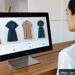 Home 23 가상 피팅 서비스의 성과 측정 지표 - A modern e-commerce setting showing a young Spanish woman using a virtual try-on platform on her sma...