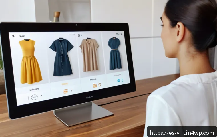 가상 피팅 서비스의 성과 측정 지표 - A modern e-commerce setting showing a young Spanish woman using a virtual try-on platform on her sma...