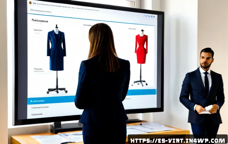 가상 피팅 서비스의 법적 제약 및 규제 - Photorealistic modern fashion retail office in Madrid, a Spanish legal compliance specialist in smar...